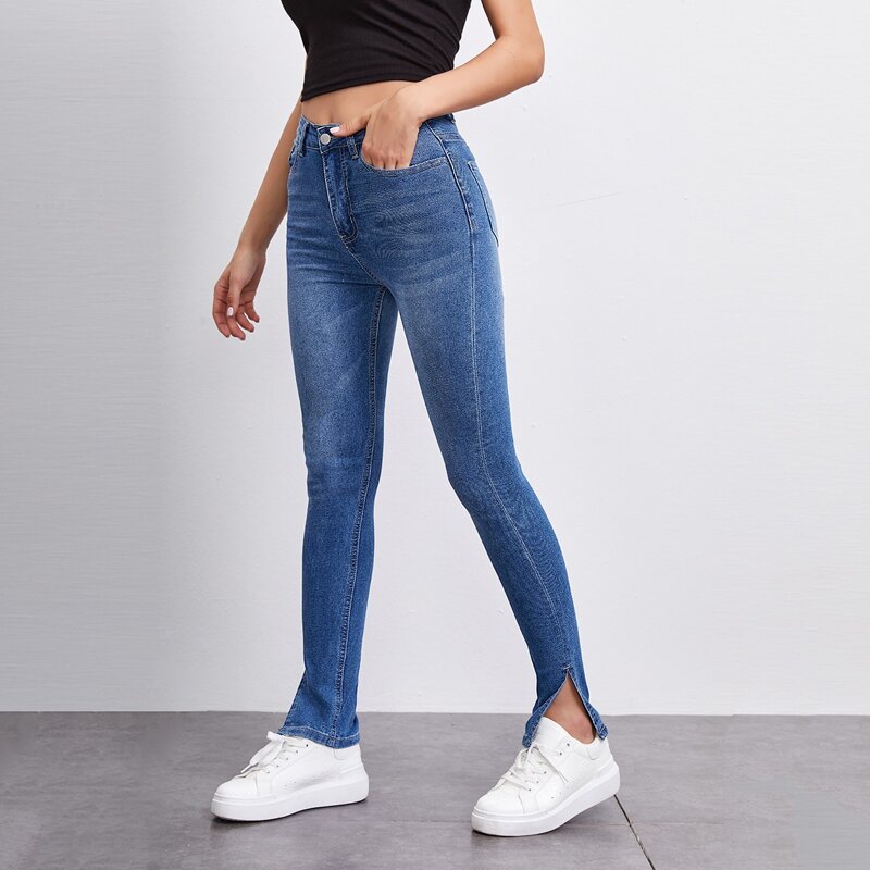 

Bleach Wash Slit Hem Skinny Jeans, Medium wash