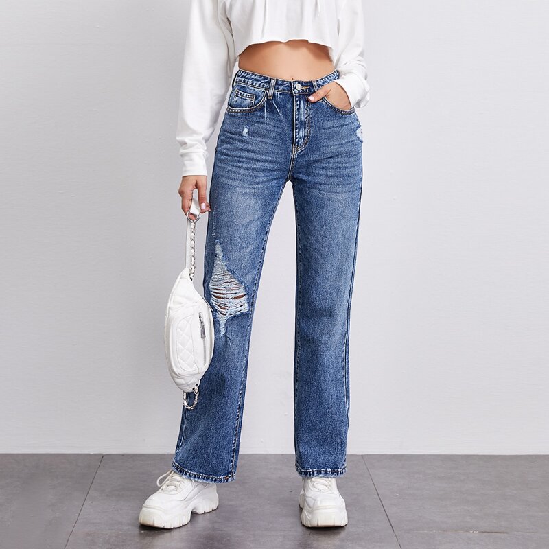 

Bleach Wash High-Waisted Ripped Straight Jeans, Medium wash
