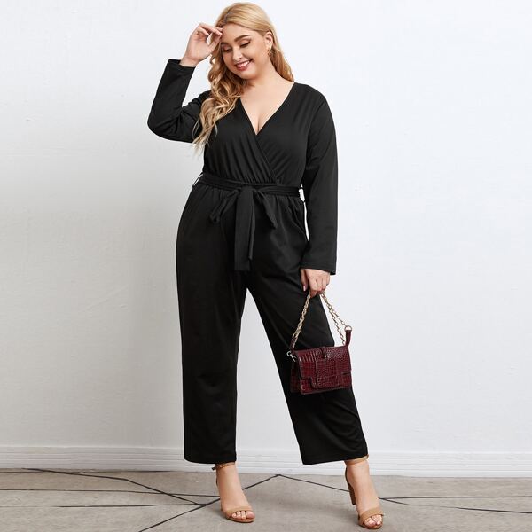 

Plus Surplice Neck Self Tie Jumpsuit, Black
