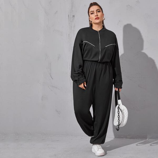 

Plus Zipper Front Drop Shoulder Jumpsuit, Black