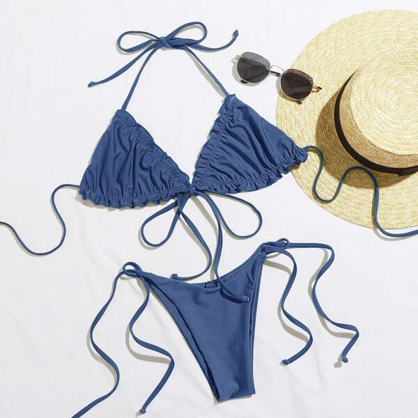 

Frill Trim Triangle Tie Side Bikini Swimsuit, Dusty blue