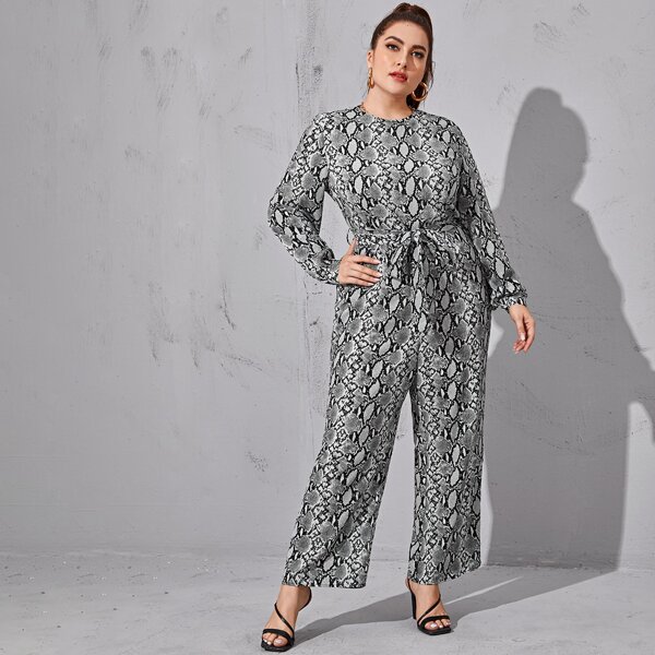 

Plus Snakeskin Print Self Tie Jumpsuit, Multicolor