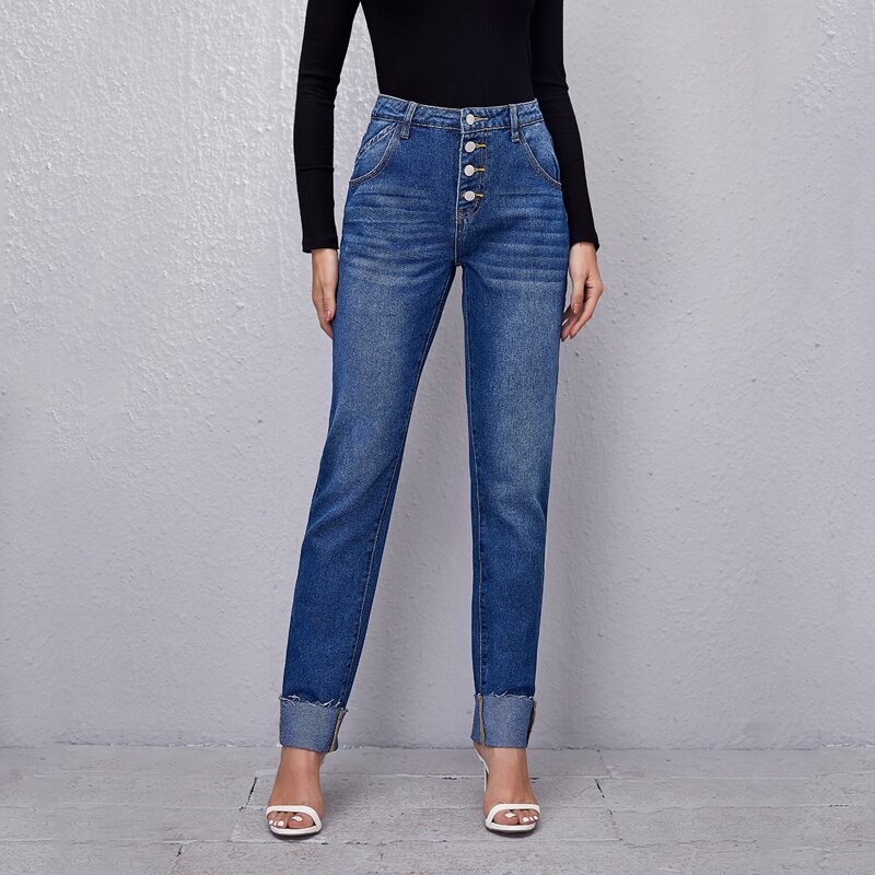 

Button Fly Roll Hem Straight Jeans, Medium wash