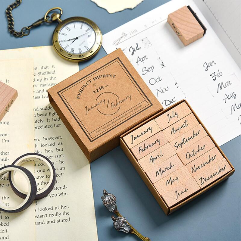 

12pcs Letter Graphic Wooden Stamp, Khaki