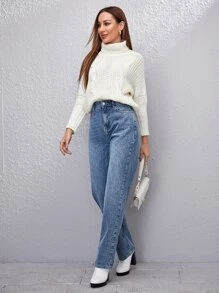 Jeans rectos de cintura alta - Azul lavado medio - Ver 4