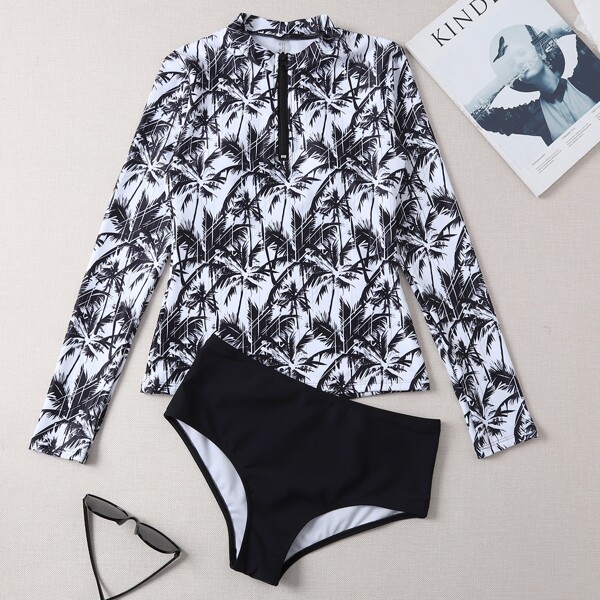 

Palm Tree Print Zip-up Bikini Swimsuit, Black and white
