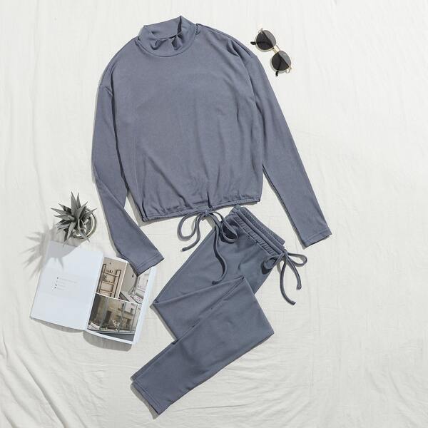

Mock-neck Drawstring Hem Tee & Leggings Set, Navy blue