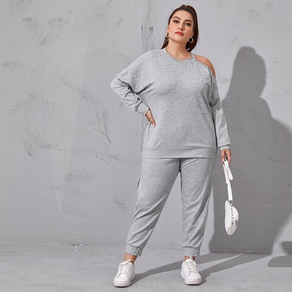 

Plus Pearls Beaded Asymmetrical Neck Sweatshirt & Sweatpants, Light grey