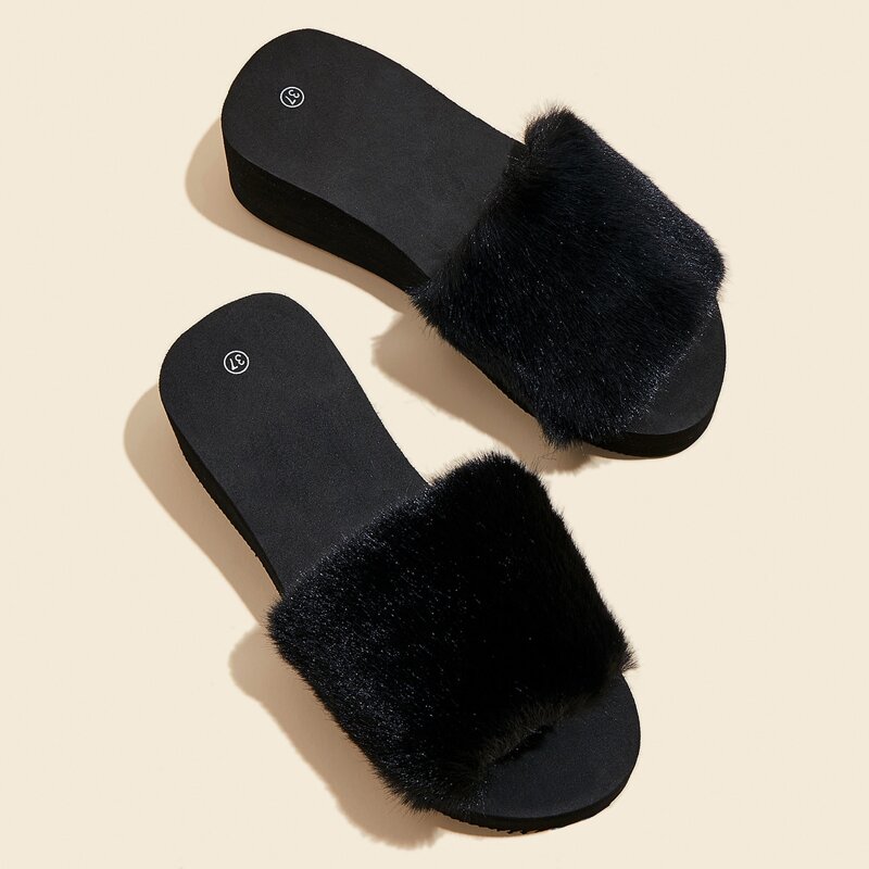

Faux Fur Wedge Mules, Black