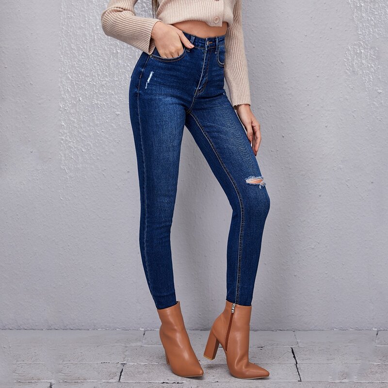 

High Waist Ripped Skinny Jeans, Dark wash