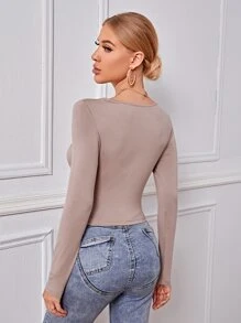 SHEIN Privé Camiseta unicolor con cordón delantero - Albaricoque - Ver 2
