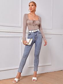 SHEIN Privé Camiseta unicolor con cordón delantero - Albaricoque - Ver 3
