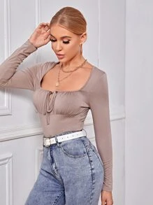 SHEIN Privé Camiseta unicolor con cordón delantero - Albaricoque - Ver 4