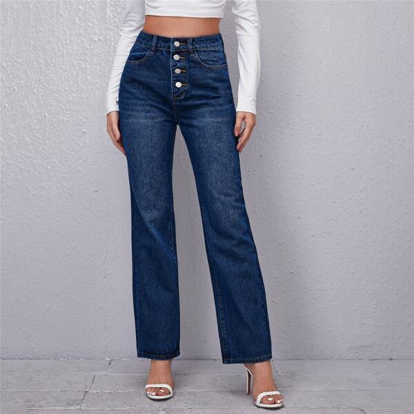 

High Waist Straight Leg Jeans, Dark wash