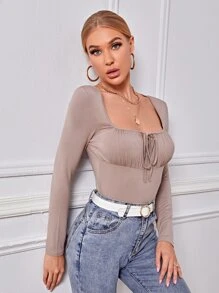 SHEIN Privé Camiseta unicolor con cordón delantero - Albaricoque - Ver 5