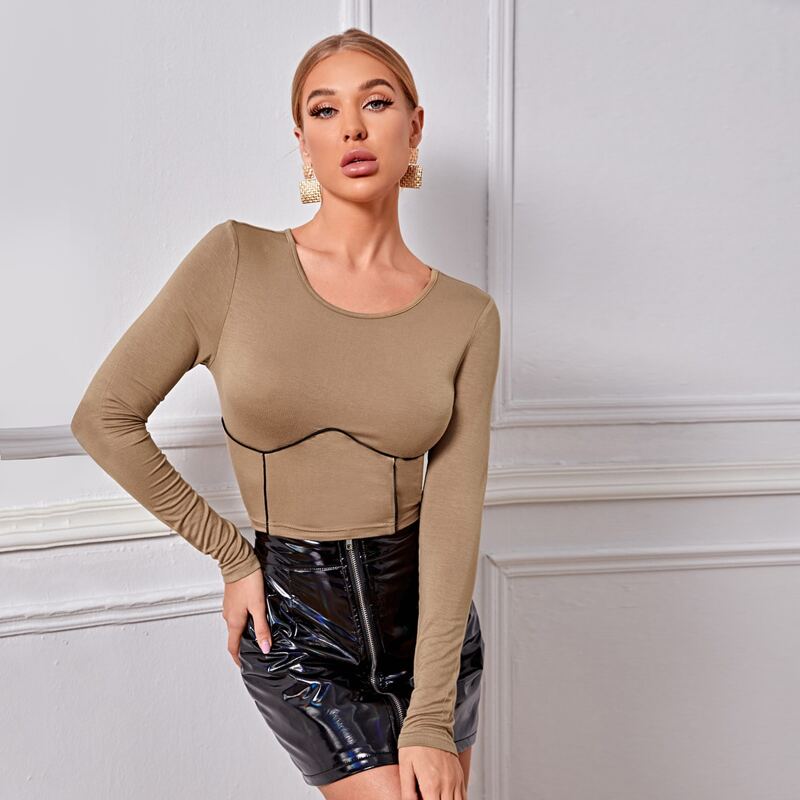 

Contrast Piping Crop Top, Khaki