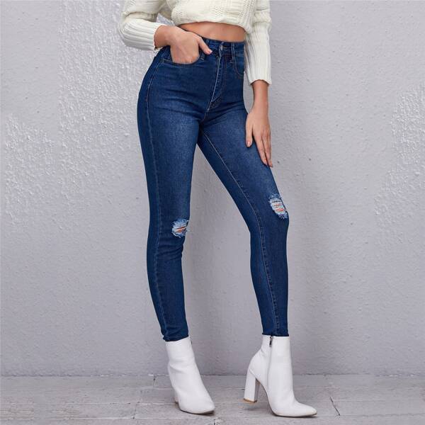 

High Waist Ripped Skinny Jeans, Dark wash