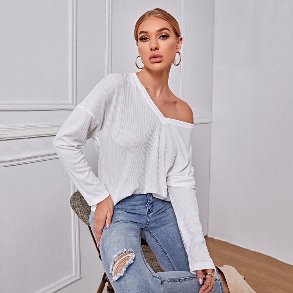 

V-neck Drop Shoulder Rib-knit Tee, White