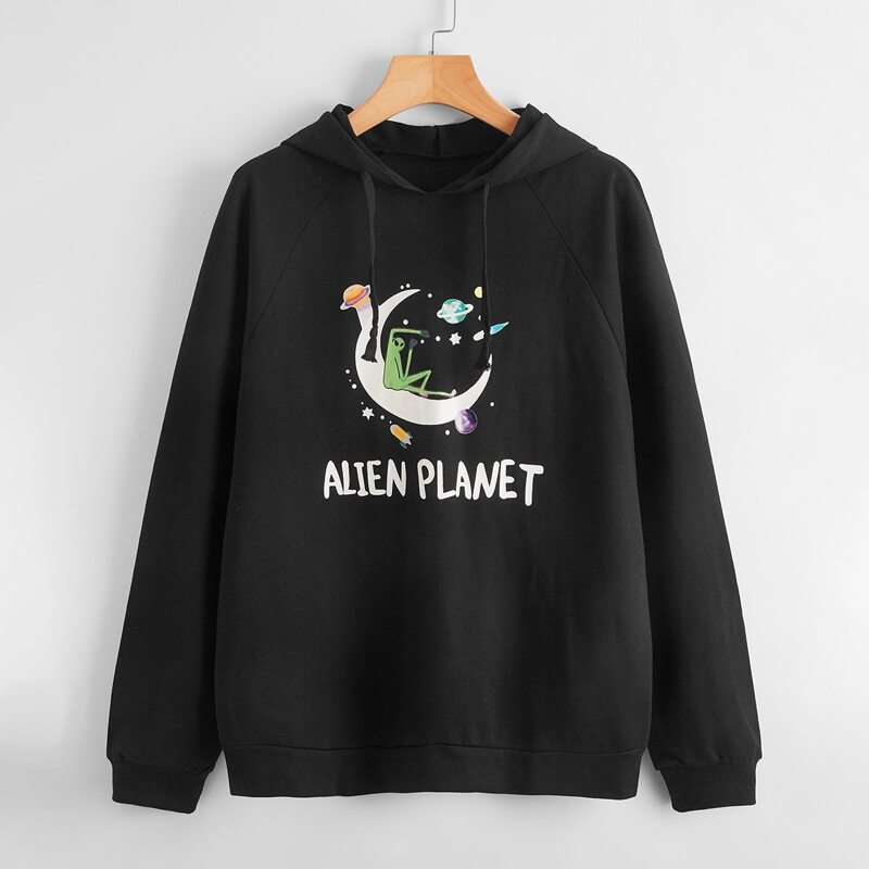 

Planet And Alien Graphic Drawstring Hoodie, Black