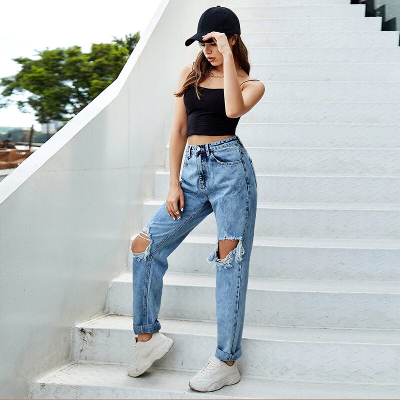 

High Waist Ripped Straight Jeans, Light wash