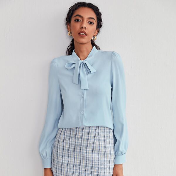 

Solid Tie Neck Button Through Blouse, Baby blue