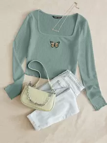 SHEIN Qutie Lettuce Edge Butterfly Embroidered Rib-knit Tee - Mint Green - View 1
