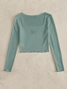 SHEIN Qutie Lettuce Edge Butterfly Embroidered Rib-knit Tee - Mint Green - View 2