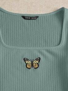 SHEIN Qutie Lettuce Edge Butterfly Embroidered Rib-knit Tee - Mint Green - View 3