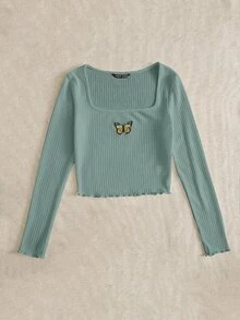 SHEIN Qutie Lettuce Edge Butterfly Embroidered Rib-knit Tee - Mint Green - View 5