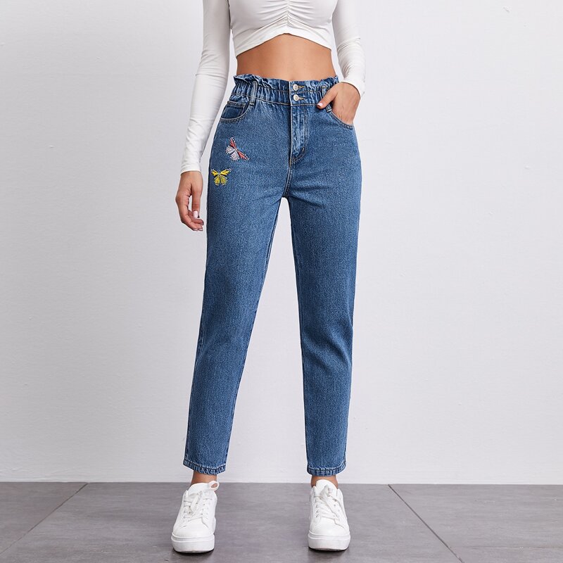 

Paperbag Waist Embroidered Butterfly Mom Jeans, Medium wash