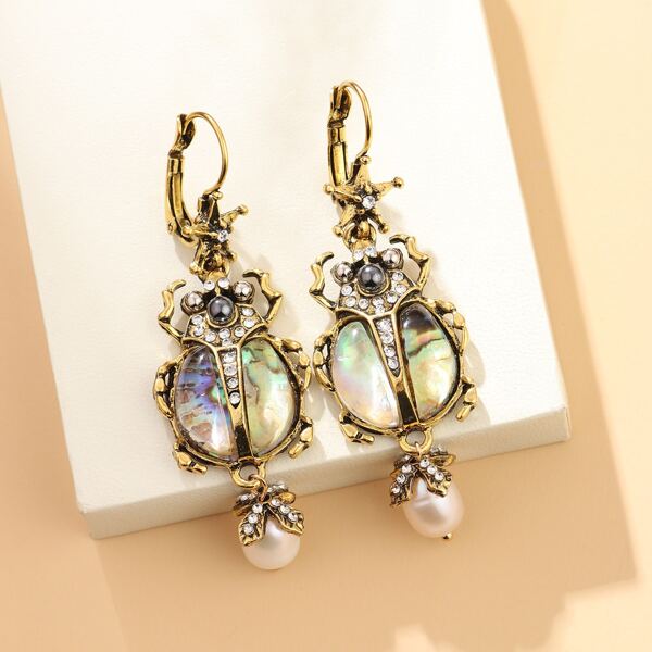 

Rhinestone Decor Insect Charm Drop Earrings, Gold