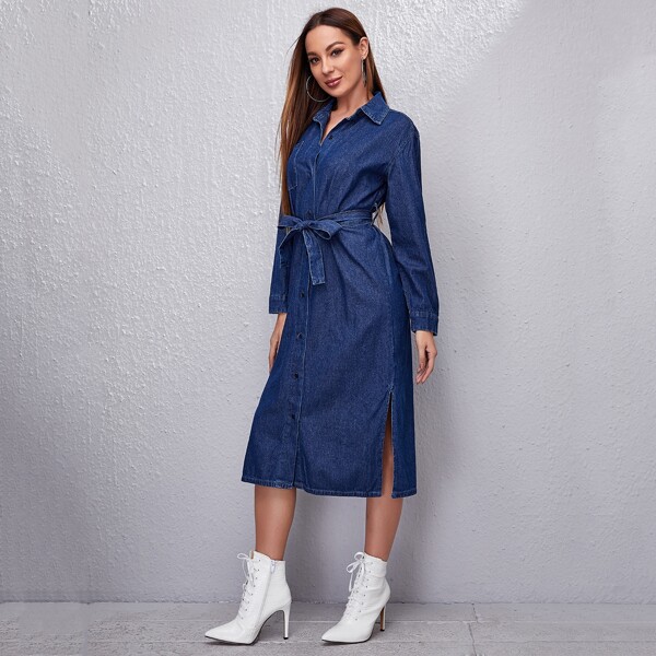 

Slit Hem Belted Denim Shirt Dress, Dark wash