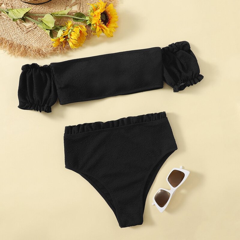 

Solid High Waist Bikini Swimsuit, Black