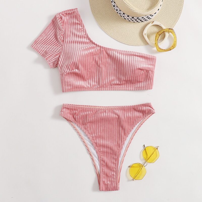 

Velvet One Shoulder Bikini Swimsuit, Baby pink