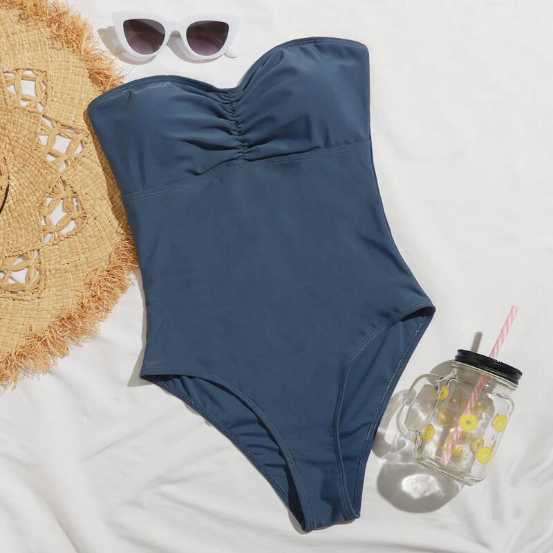 

Solid Ruched One Piece Swimsuit, Dusty blue