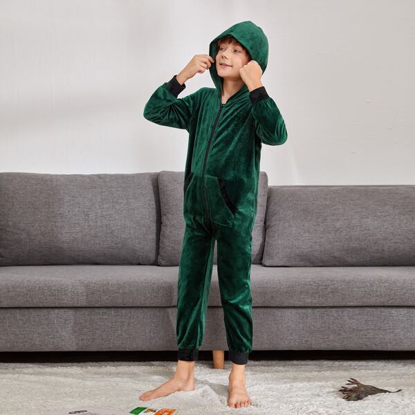 

Boys Contrast Trim Zip Front Velvet Sleep Jumpsuit, Dark green