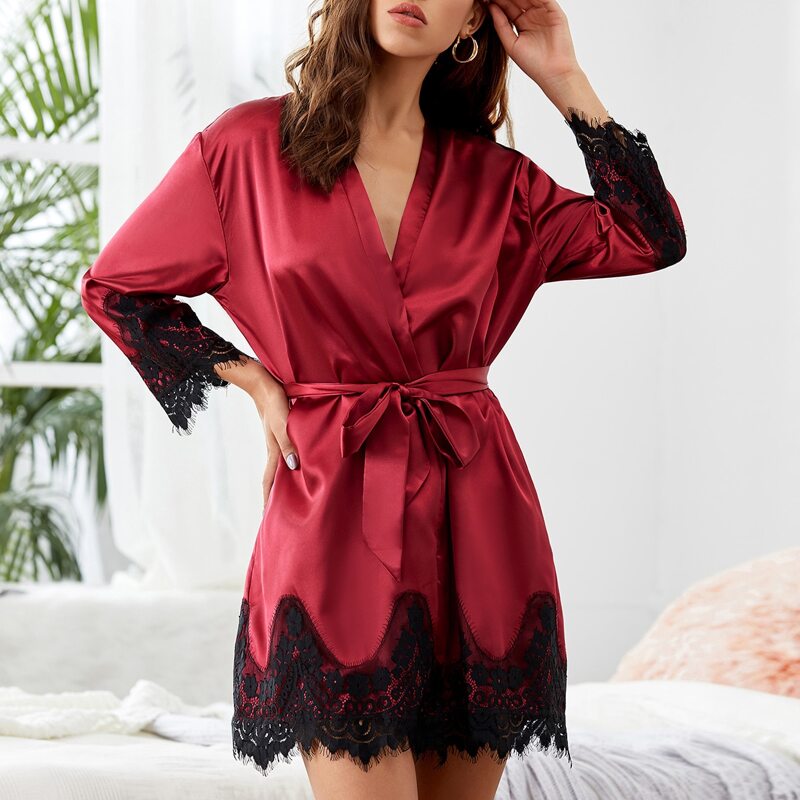 

Contrast Lace Belted Satin Night Robe, Burgundy