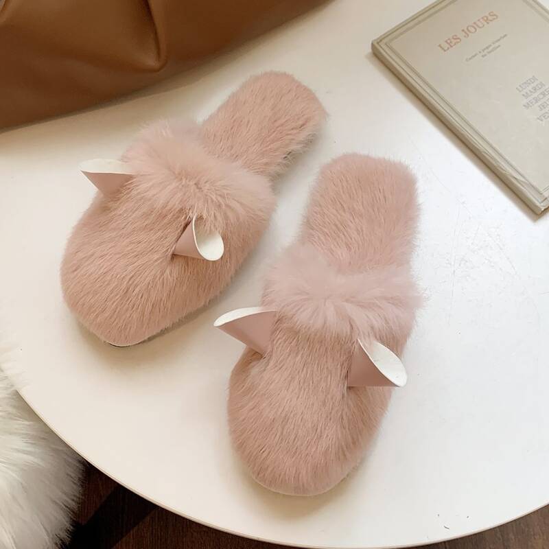 

Ear Decor Fluffy Flat Mules, Pink