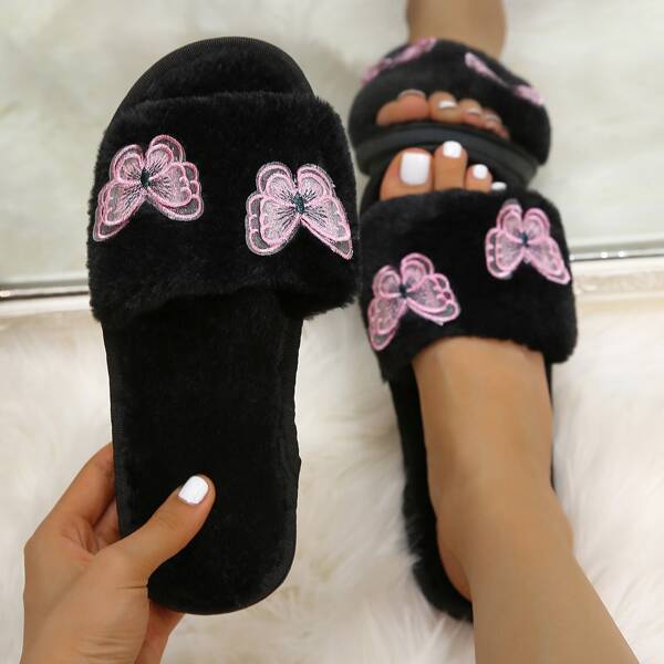 

Butterfly Appliques Fluffy Slippers, Black