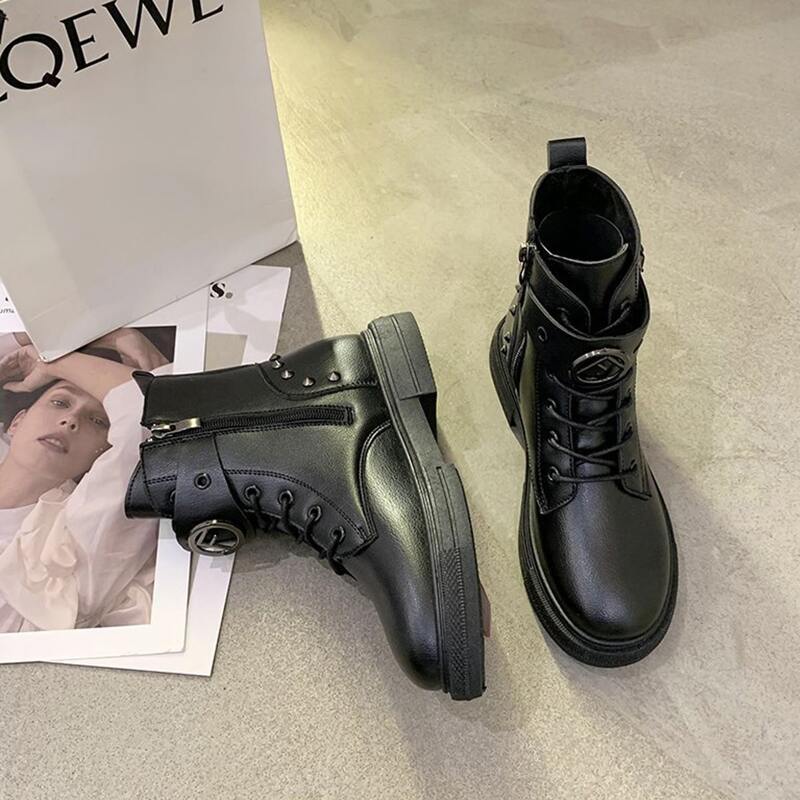 

Buckle & Studded Decor Lace-up Combat Boots, Black