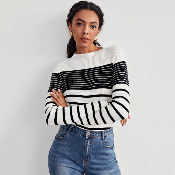 

Striped Funnel Neck Fitted Sweater, Black and white