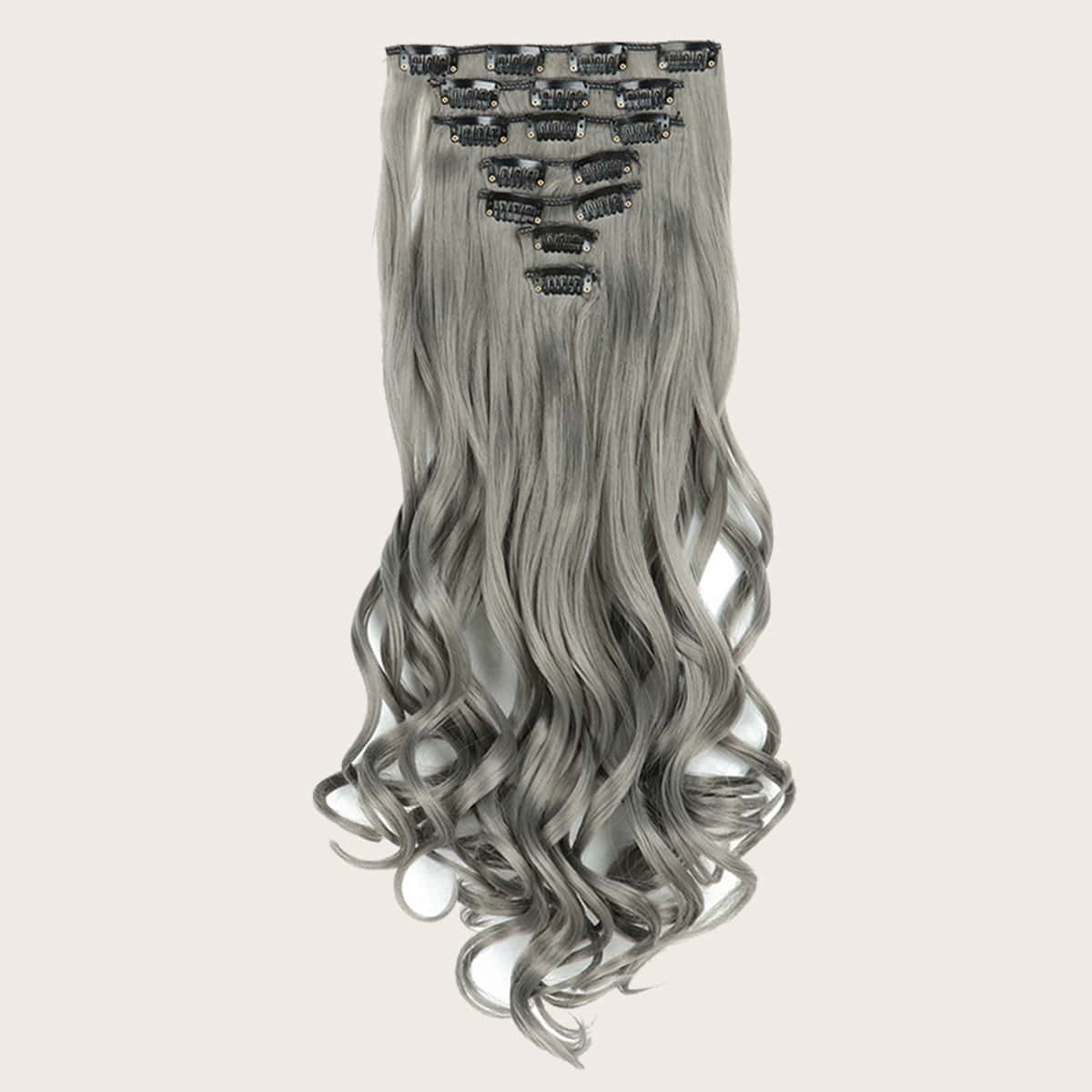 

16pcs Clip Curly Hair Wig, Dark grey