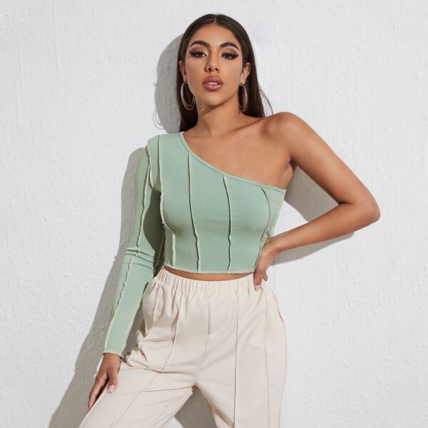 

One Shoulder Contrast Stitch Rib-knit Crop Tee, Mint green