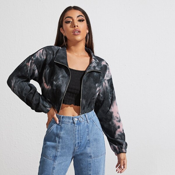

Drop Shoulder O-ring Zip Up Tie Dye Crop Jacket, Black