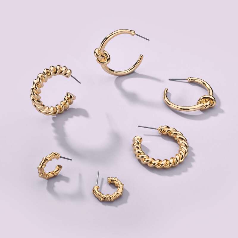 

3pairs Knot Design Hoop Earrings, Gold