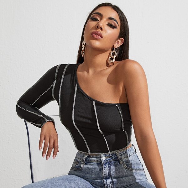 

One Shoulder Contrast Stitch Rib-knit Crop Tee, Black