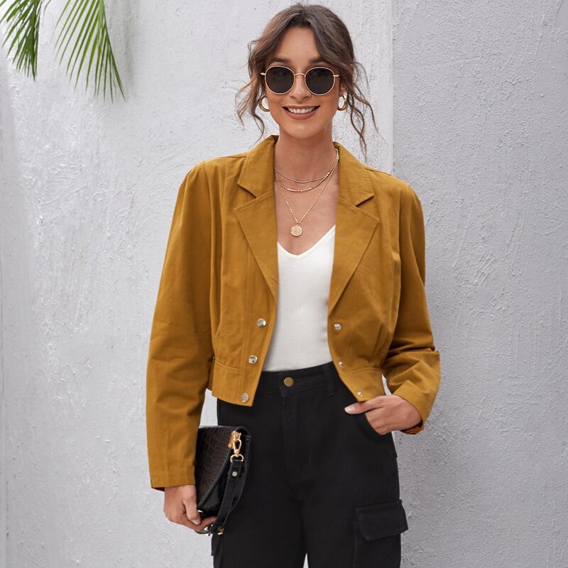 

Solid Lapel Neck Button Front Jacket, Mustard yellow