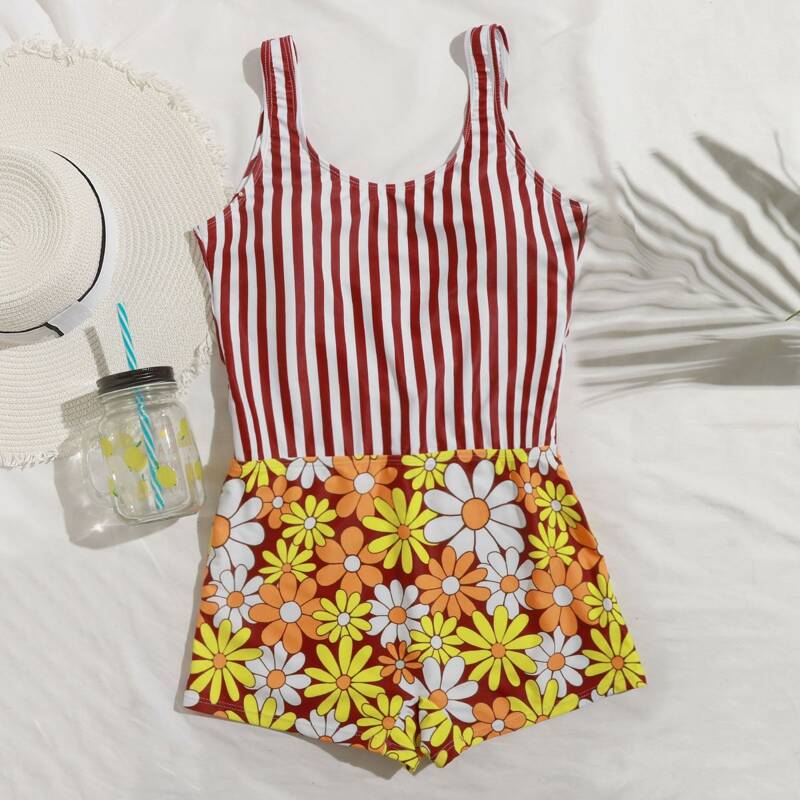 

Striped Floral One Piece Swimsuit, Multicolor