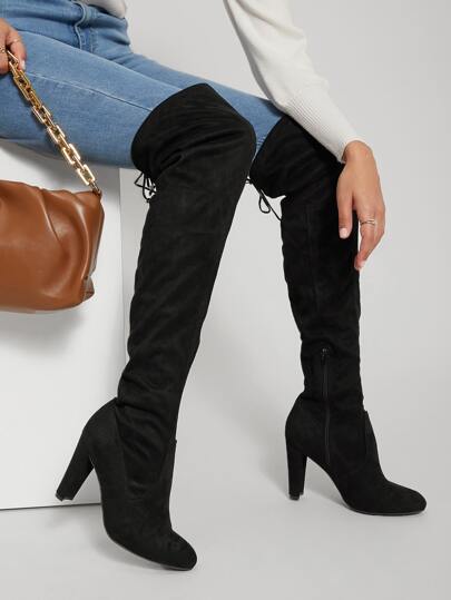SHUZIA Almond Toe Chunky Heel Thigh High Boots