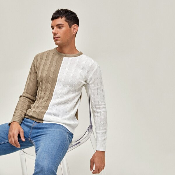 

Men Spliced Cable Knit Sweater, Khaki